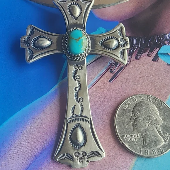 STERLING ilver Cross Pendant with Turquoise Stone - Picture 5 of 11